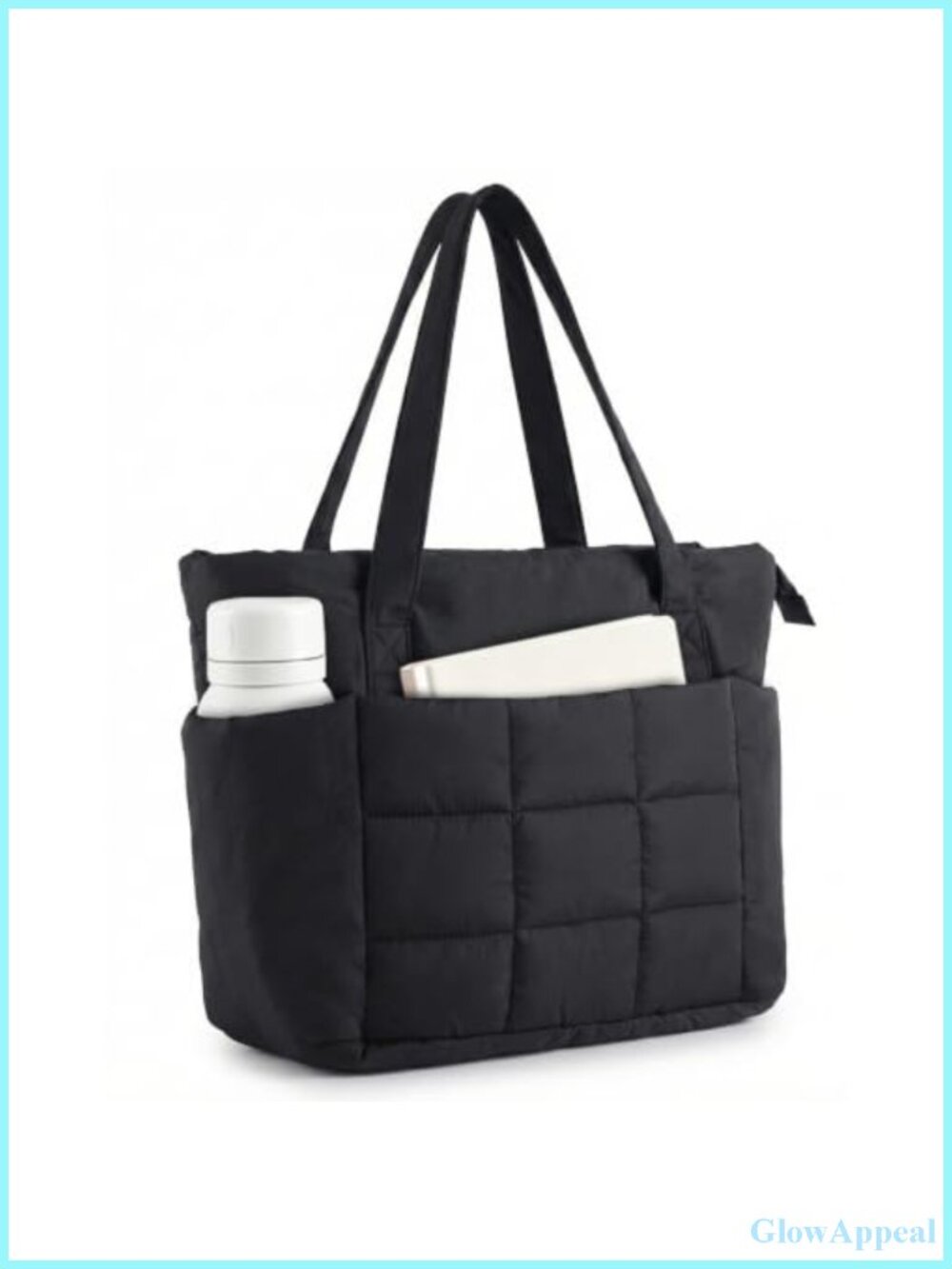 Quilted Nylon Puffer Tote Bag with Laptop Sleeve, Work Travel Gym
